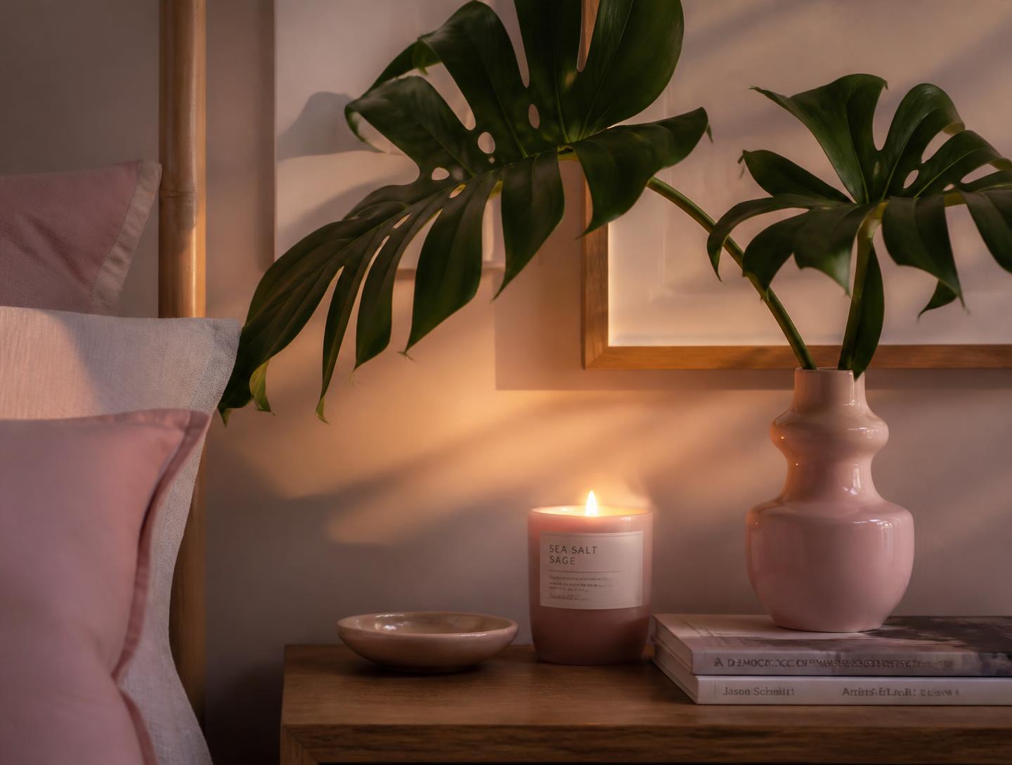 Bedside table lit by candlelight with greenery