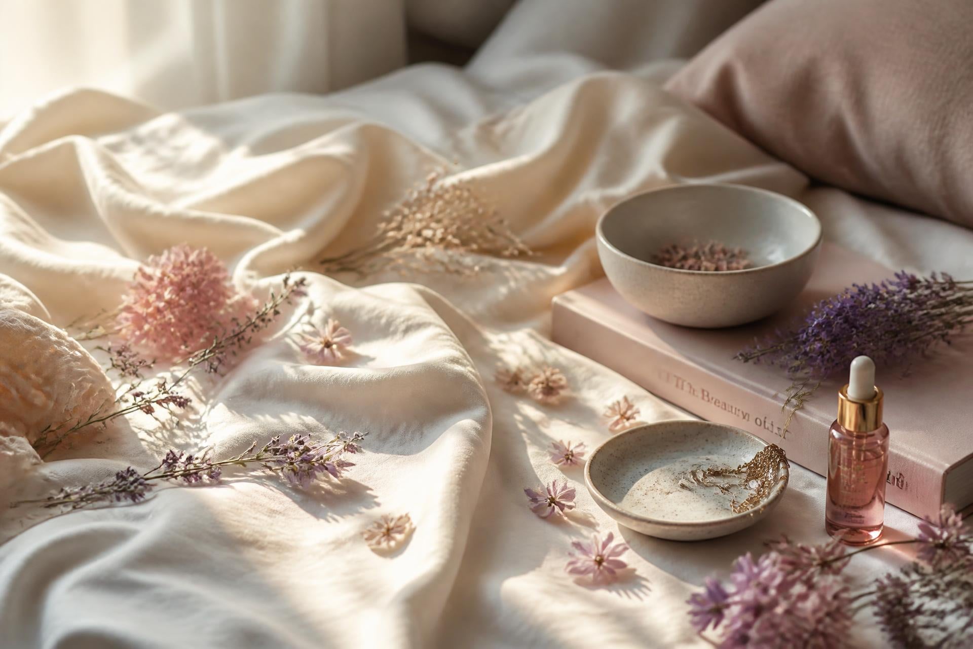 Soft linen and dried florals in warm light